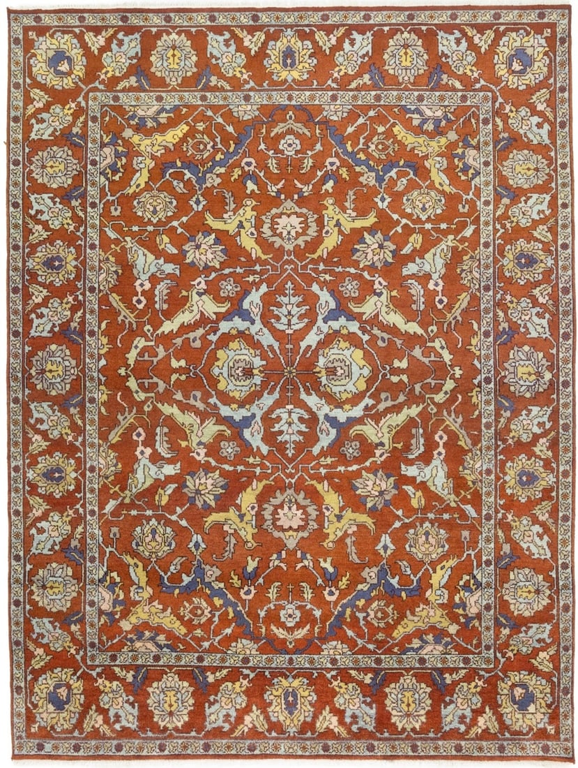 Hand-Knotted Wool Floral Chobi Serapi Rug 8'11 x 11'9 Modern Tribal Design: Hand-Knotted Wool Floral Chobi Serapi Rug 8'11 x 11'9 Modern Tribal Design This vintage Chobi Serapi floral Oriental rug features a hand-knotted wool construction with a rust orange, light blue, beige