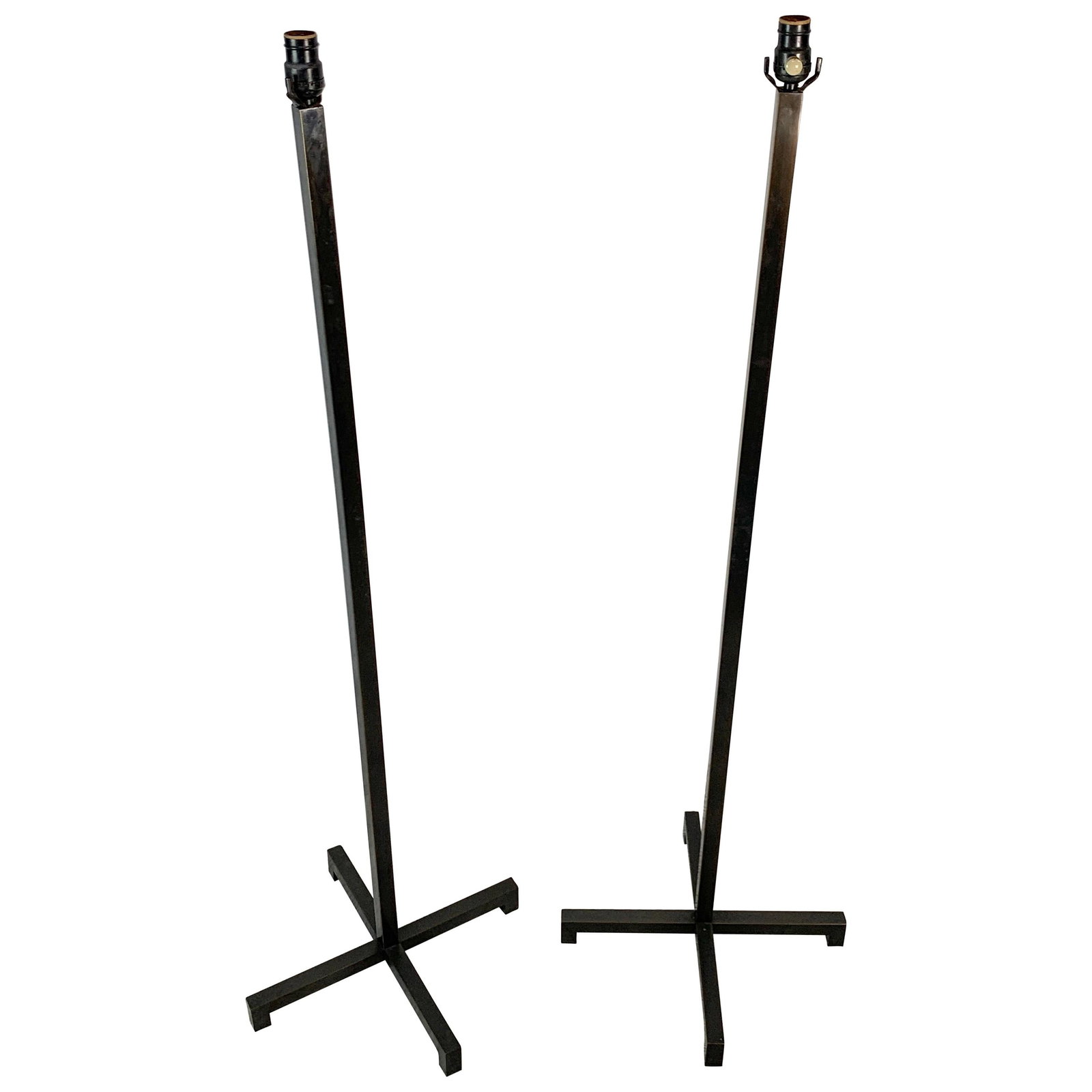 1960s French Modern Bronze Floor Lamps Set of 2 'X' Base: 1960s French Modern Bronze Floor Lamps Set of 2 'X' Base This exquisite pair of French modern bronze floor lamps, dating back to the 1960s, features a striking 'X' base design that is both stylish and
