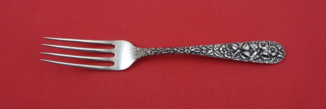 Sterling Silver Junior Fork Repousse Pattern by Kirk 6 Inch: Sterling Silver Junior Fork Repousse Pattern by Kirk 6 Inch This Repousse by Kirk junior fork features an elegant old pattern design and is crafted from sterling silver with a 925/1000 mark. The fork 
