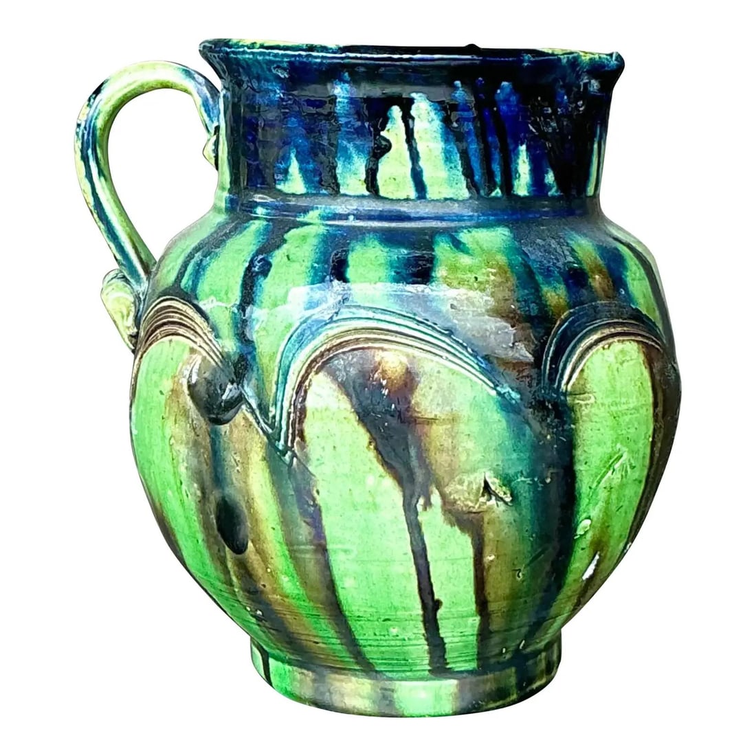 Artisan Vintage Boho Pottery Pitcher Green Indigo Drip Glaze: Artisan Vintage Boho Pottery Pitcher Green Indigo Drip Glaze Enhance your home decor with this Vintage Boho Studio Pottery Pitcher, a perfect blend of functionality and artistic expression. Hand-throw