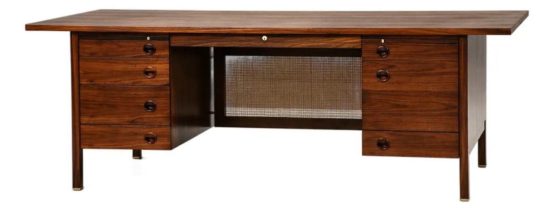 Mid Century Walnut Executive Desk by Edward Wormley for Dunbar: Mid Century Walnut Executive Desk by Edward Wormley for Dunbar This mid-century modern executive desk, designed by Edward Wormley for Dunbar, features a walnut construction with brass accents and a ca