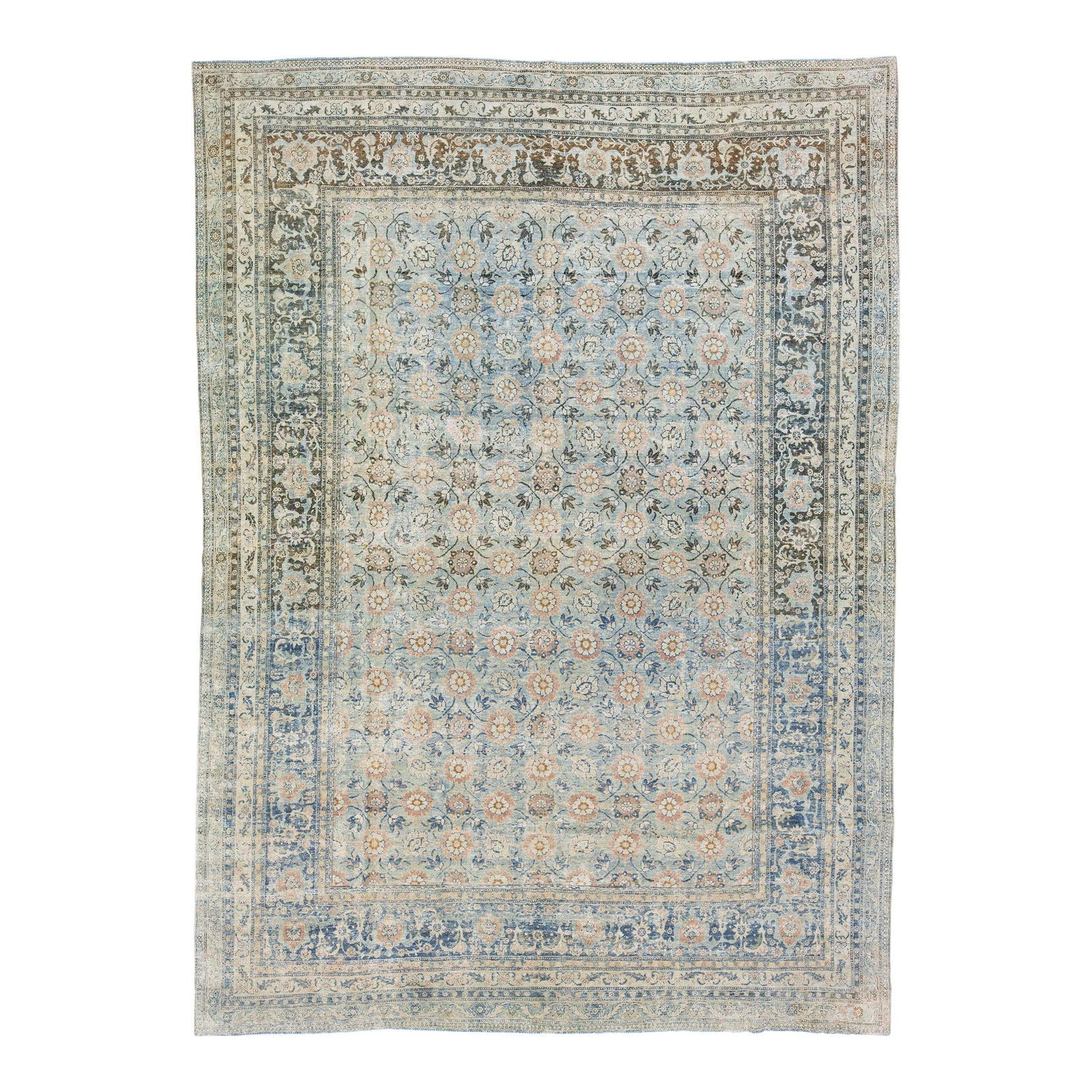 Antique Persian Tabriz Wool Rug 9'4 x 12'11 Floral Design Blue: Antique Persian Tabriz Wool Rug 9'4 x 12'11 Floral Design Blue This exquisite 19th-century handmade Persian Tabriz wool rug features a captivating light blue field adorned with a traditional allover f