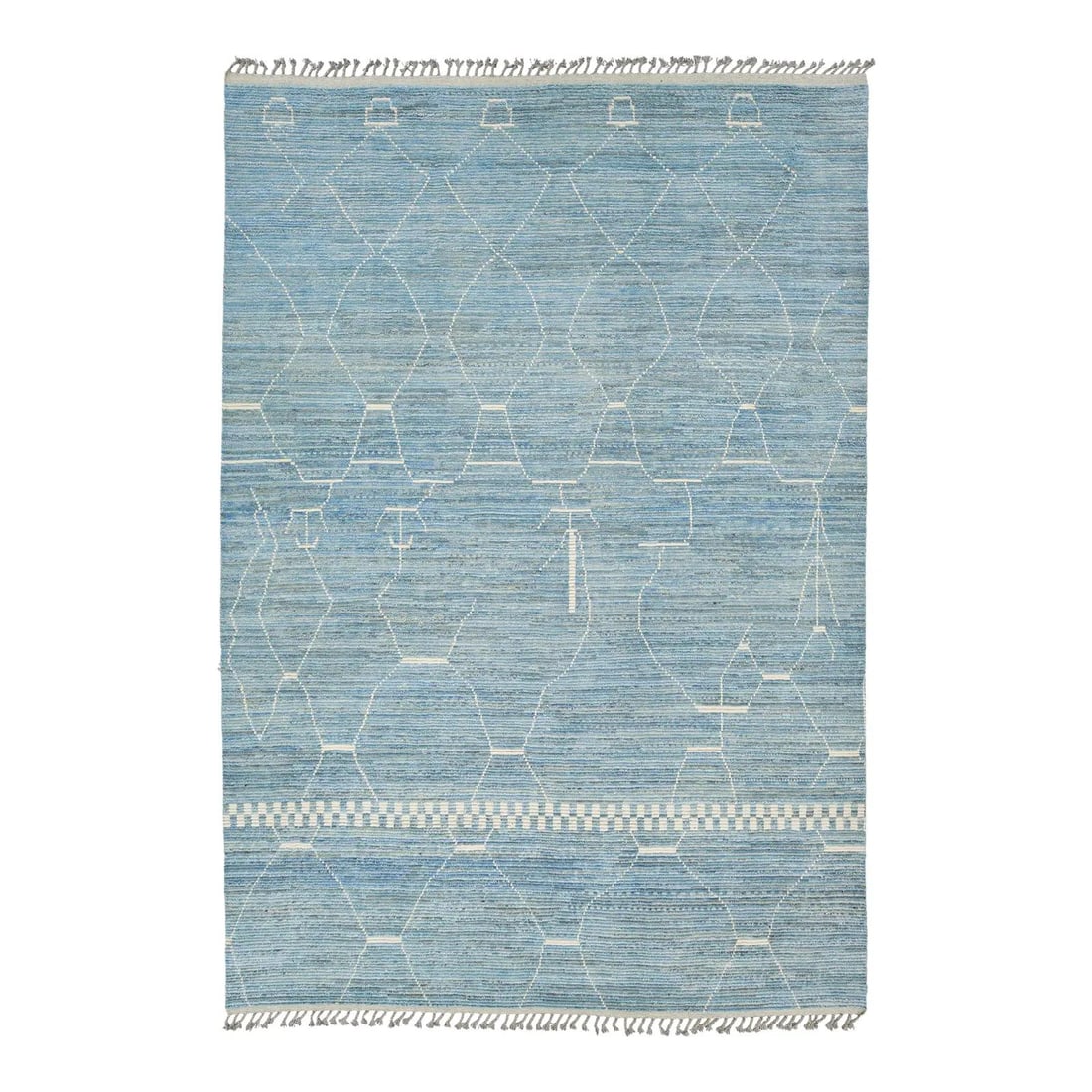 Azure Blue and White Hand-Knotted Wool Rug Modern Moroccan Inspired 9'11 x 14'5: Azure Blue and White Hand-Knotted Wool Rug Modern Moroccan Inspired 9'11 x 14'5 This modern Moroccan style wool rug features a hand-knotted construction by skilled artisans, offering a contemporary ta