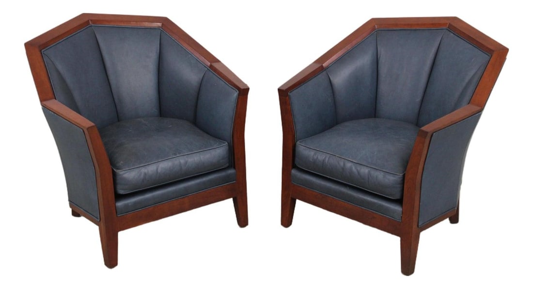 Set of Two Cherry Wood Club Chairs with Blue Leather Upholstery (1 of 10)