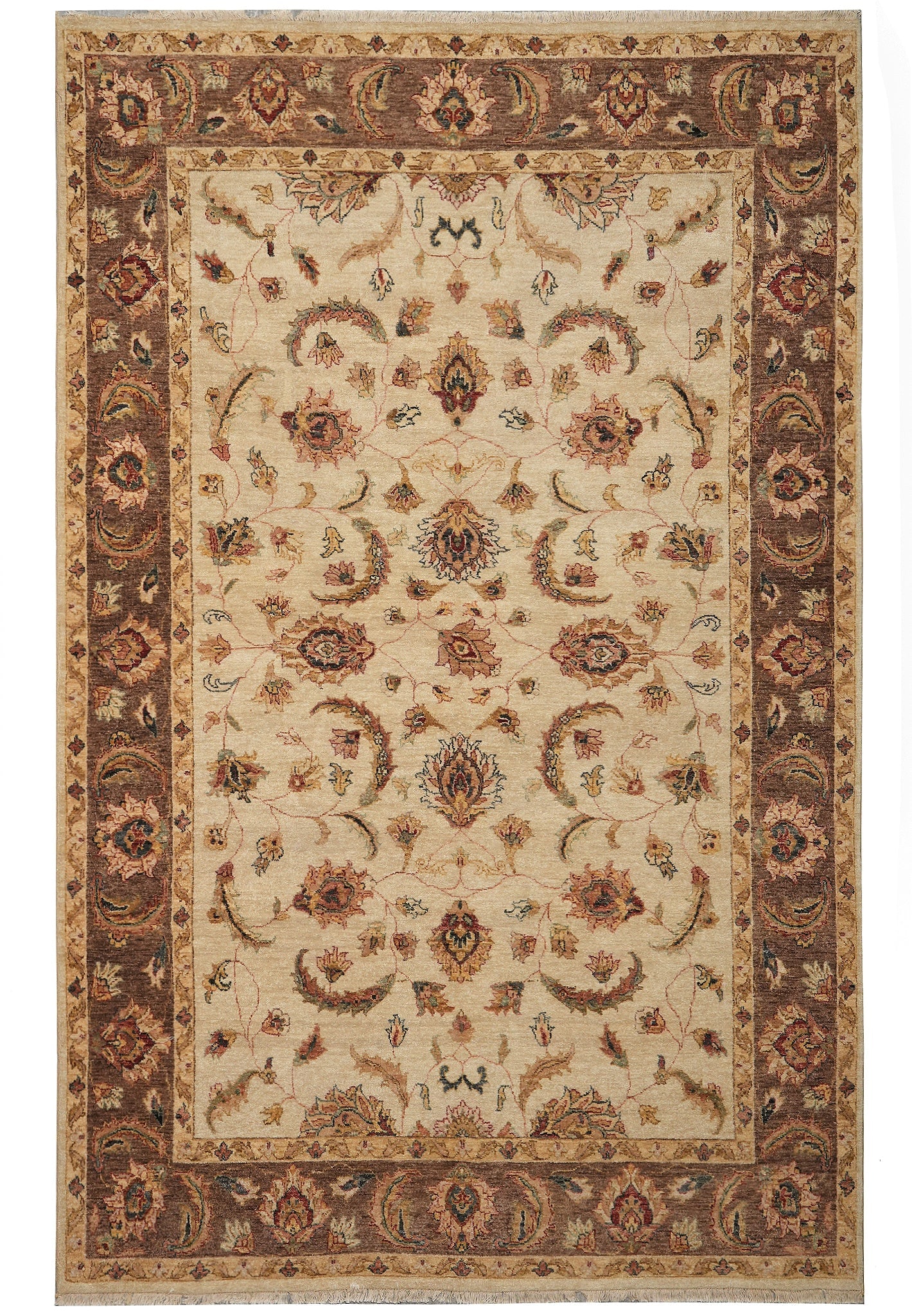 6.3 x 9.3 Hand-Knotted Agra Rug Beige Brown: 6.3 x 9.3 Hand-Knotted Agra Rug Beige Brown Free continental US Shipping Hand-knotted Agra rug in beige and brown with an intricate floral pattern and bordered design. The rug is new and measures 6.3 