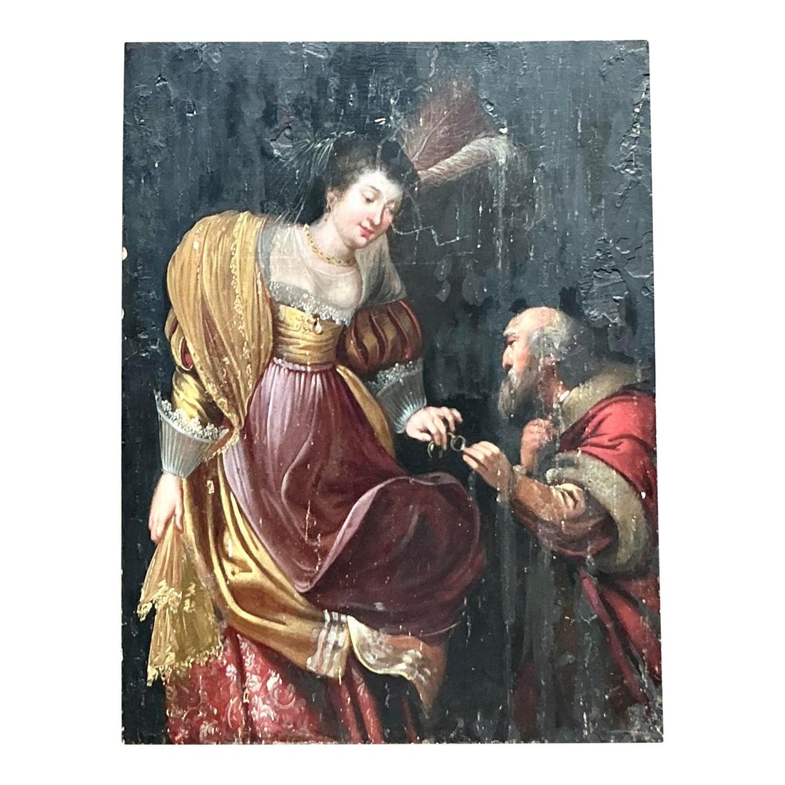 19th Century Oil on Board Figural Artwork with Boho Influence: 19th Century Oil on Board Figural Artwork with Boho Influence This 19th-century figural painting on board features a rich color palette and detailed brushwork that reflect the romantic and theatrical 