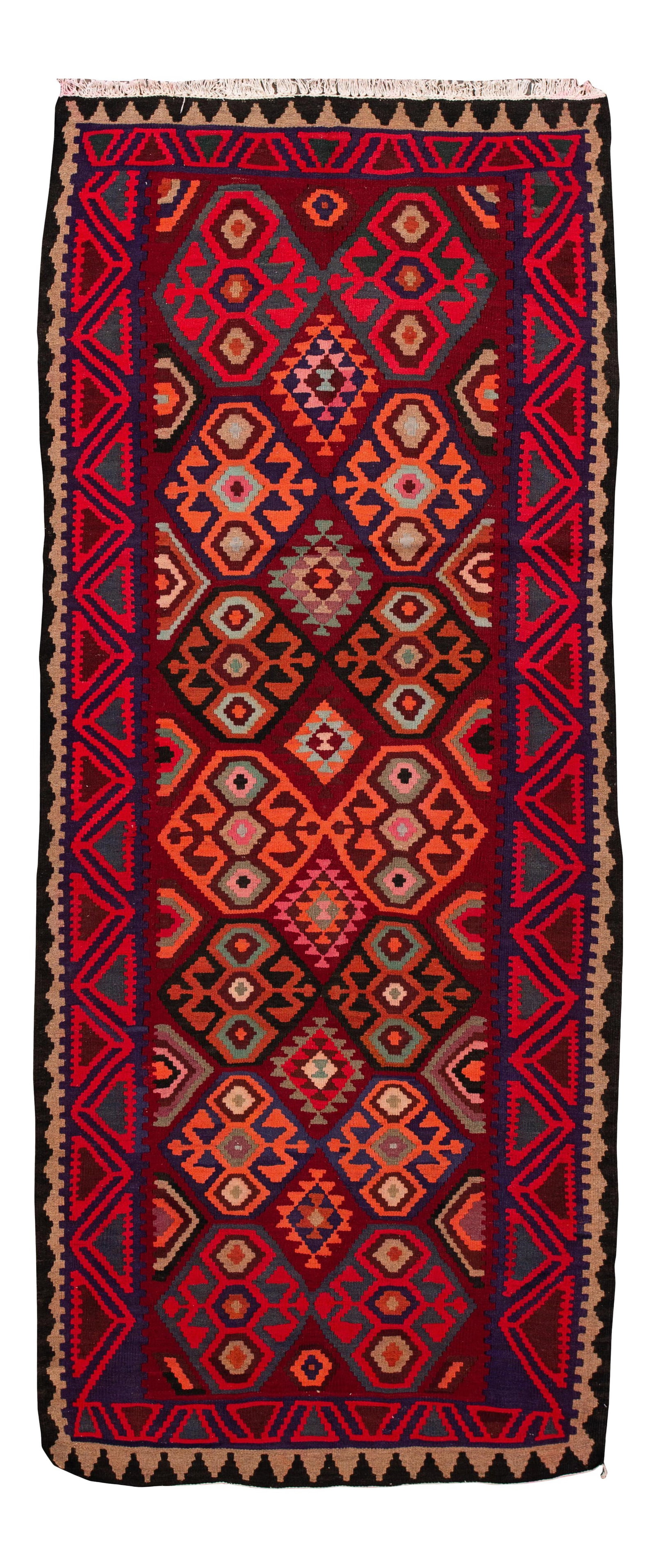 Mid-20th Century Hand-Woven Kilim Runner Rug Red Wool 4'7" x 11': Mid-20th Century Hand-Woven Kilim Runner Rug Red Wool 4'7" x 11' This stunning hand-woven vintage Kilim runner features a vibrant red field adorned with a captivating all-over geometric design, comple