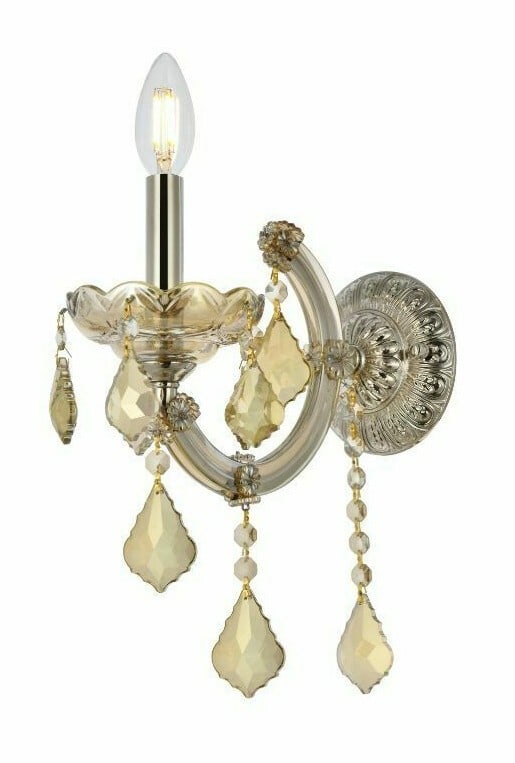 Maria Theresa Crystal Wall Sconce 1 Light Golden Teak: Maria Theresa Crystal Wall Sconce 1 Light Golden Teak Traditional indoor wall sconce light fixture in a Golden Teak finish with crystal construction and a single-light design. It is hardwired, dimmabl