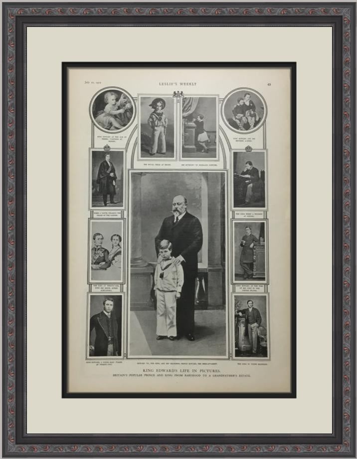 Framed 1902 Leslie's Weekly page King Edward VII life in pictures: Framed 1902 Leslie's Weekly page King Edward VII life in pictures This is an original 1902 newspaper or magazine page from Leslie's Weekly, featuring "King Edward's Life in Pictures" and showcasing Ki