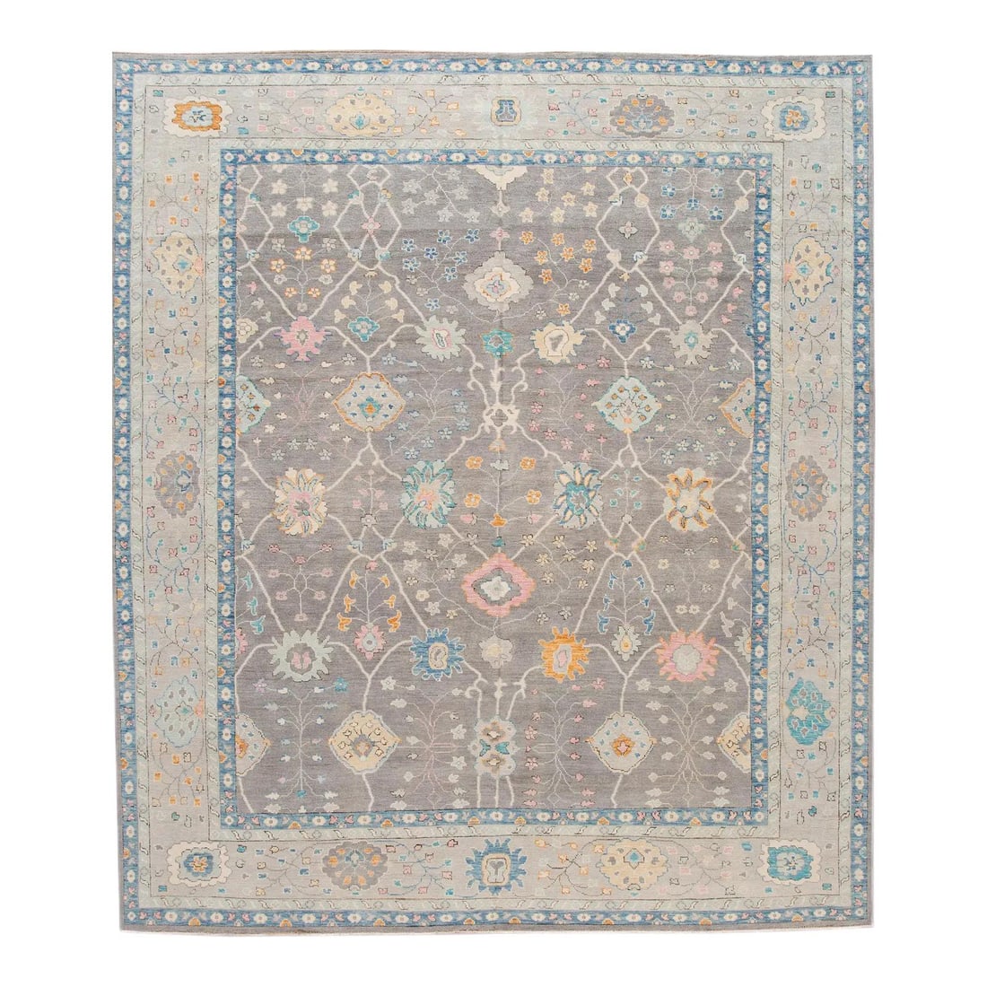 Handmade Contemporary Oushak Gray Wool Rug 12'7 x 14'7 Floral Design: Handmade Contemporary Oushak Gray Wool Rug 12'7 x 14'7 Floral Design This exquisite hand-knotted Oushak-style wool rug showcases a subtle gray background beautifully embellished with floral patterns. 
