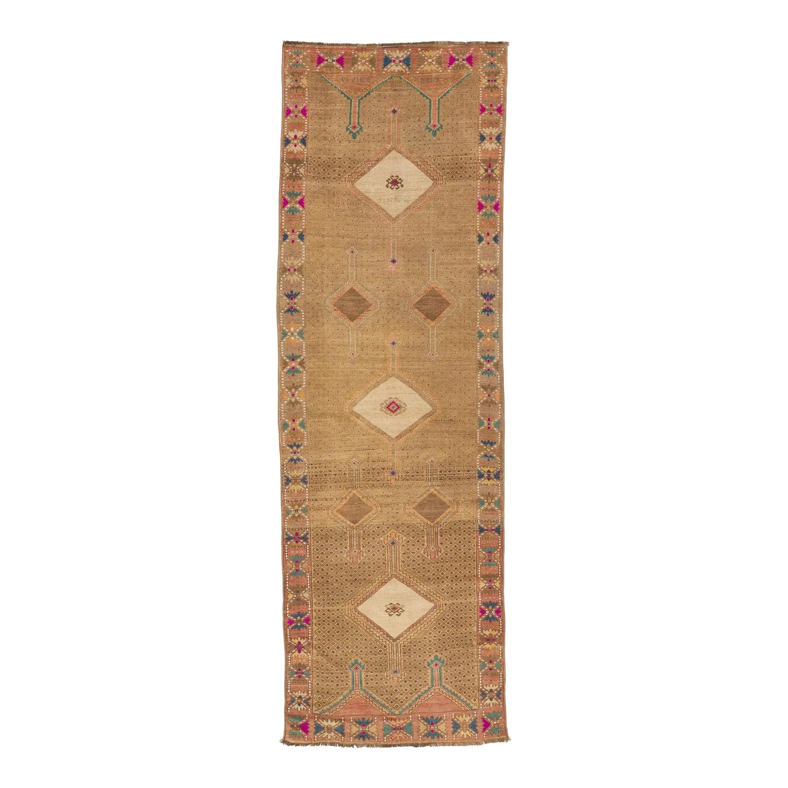 Vintage Turkish Kars 4'1 x 12'7 Wool Rug with Tribal Design: Vintage Turkish Kars 4'1 x 12'7 Wool Rug with Tribal Design Enhance your living space with this exquisite vintage Turkish Kars hand-knotted wool rug, featuring a warm tan-colored field adorned with a 