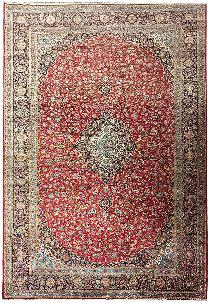 10.8 x 20 Persian Kashan Rug Signed Semi-Antique Hand-Knotted Wool Carpet: 10.8 x 20 Persian Kashan Rug Signed Semi-Antique Hand-Knotted Wool Carpet Free continental US Shipping Discover the beauty of this exquisite semi-antique Persian Kashan rug, measuring 10.8 feet by 20 