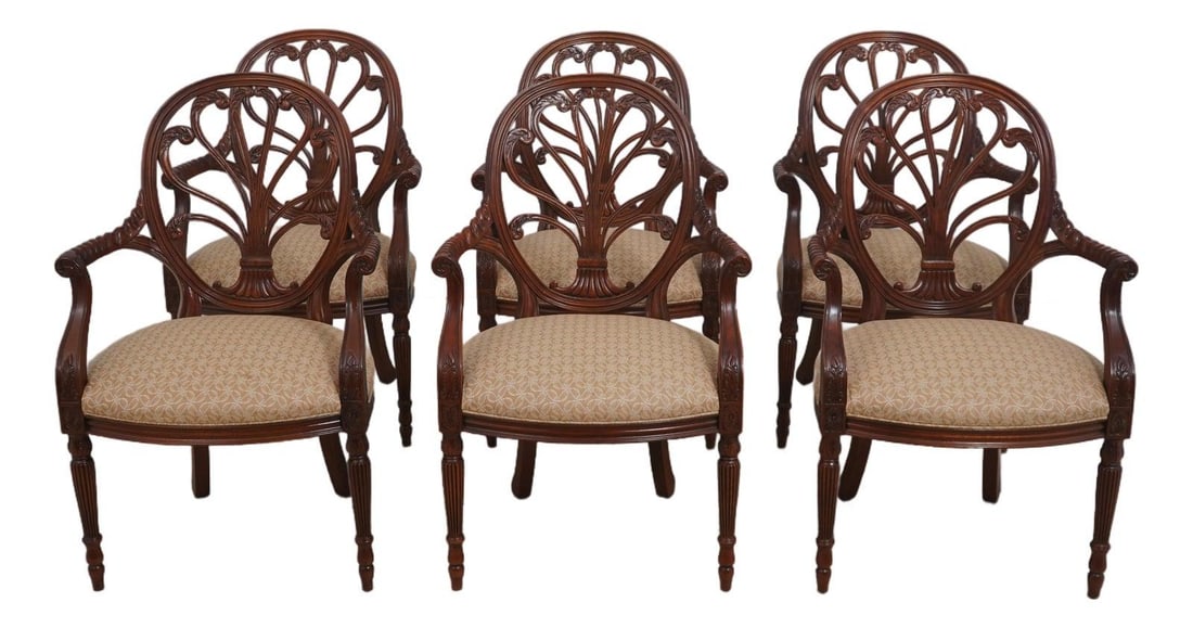 6 Mahogany Adams Style Open Armchairs Hickory Chair Set of 6: 6 Mahogany Adams Style Open Armchairs Hickory Chair Set of 6 This set of six Hickory Chair open armchairs features Adams style design with ornate carved backs and arms. Crafted from mahogany, these ch