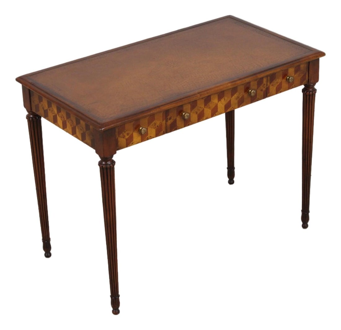 Leather Top Writing Desk Attributed to Theodore Alexander Model 611-009: Leather Top Writing Desk Attributed to Theodore Alexander Model 611-009 This writing desk features high-quality construction with detailed marquetry inlay and a tooled, embossed leather top. The piece