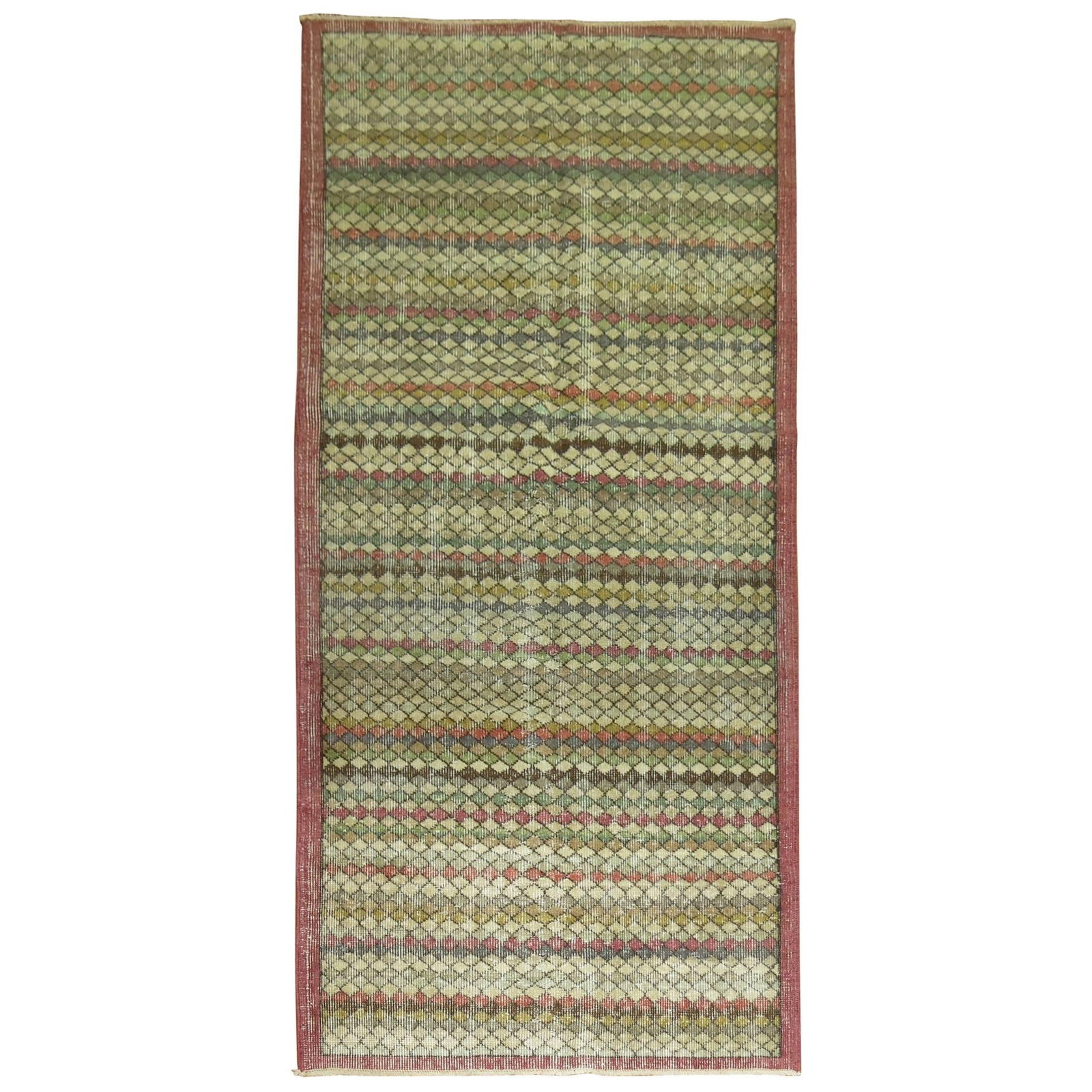 Mid Century Turkish Wool Hand Knotted Runner 3'6 x 7'1 Diamond Motif: Mid Century Turkish Wool Hand Knotted Runner 3'6 x 7'1 Diamond Motif This vintage Turkish runner from the mid-20th century features a hand-knotted wool construction and a charming repetitive diamond m