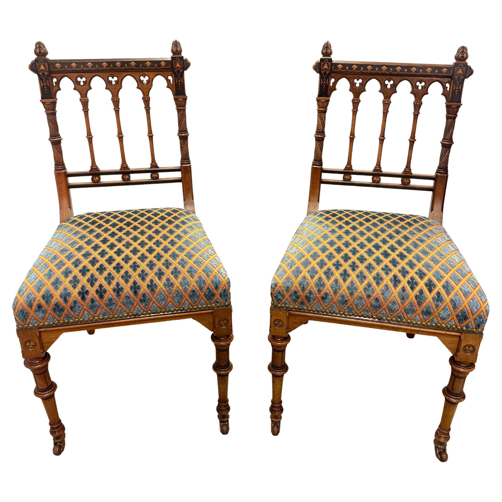 Set of 2 English Gothic Revival Walnut and Velvet Side Chairs c 1870 (1 of 12)