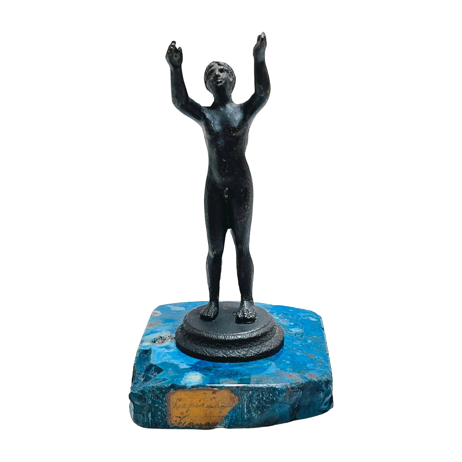 19th Century Italian Bronze Nude Athlete Sculpture on Lapis Lazuli Base: 19th Century Italian Bronze Nude Athlete Sculpture on Lapis Lazuli Base This exquisite 19th-century Italian bronze sculpture, attributed to the Naples Foundry, features a diminutive nude athlete with 