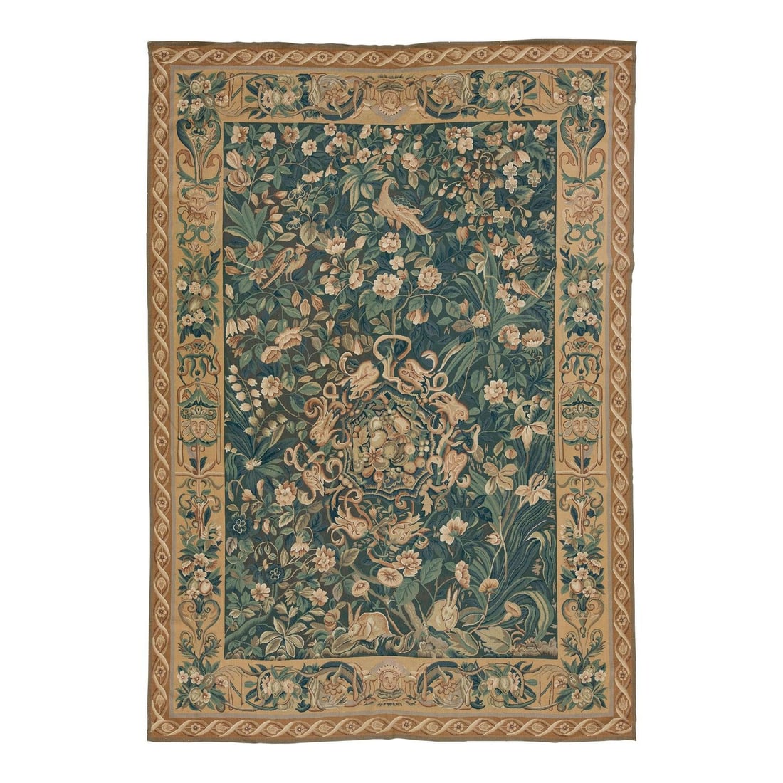 9'8" x 13'11" Vintage Aubusson Wool Rug Green Floral Flatweave French: 9'8" x 13'11" Vintage Aubusson Wool Rug Green Floral Flatweave French Vintage French Aubusson flatweave rug, handcrafted from wool, featuring a rich green field with intricate floral and foliage patte