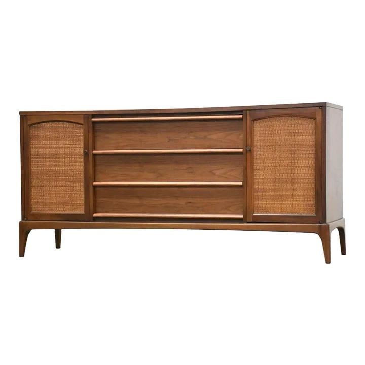 Mid Century Modern Walnut Credenza Lane Rhythm Refinished Cane Doors: Mid Century Modern Walnut Credenza Lane Rhythm Refinished Cane Doors This stunning mid-century modern credenza, crafted by Lane Rhythm, features a beautiful walnut finish and reversible cane doors, ad
