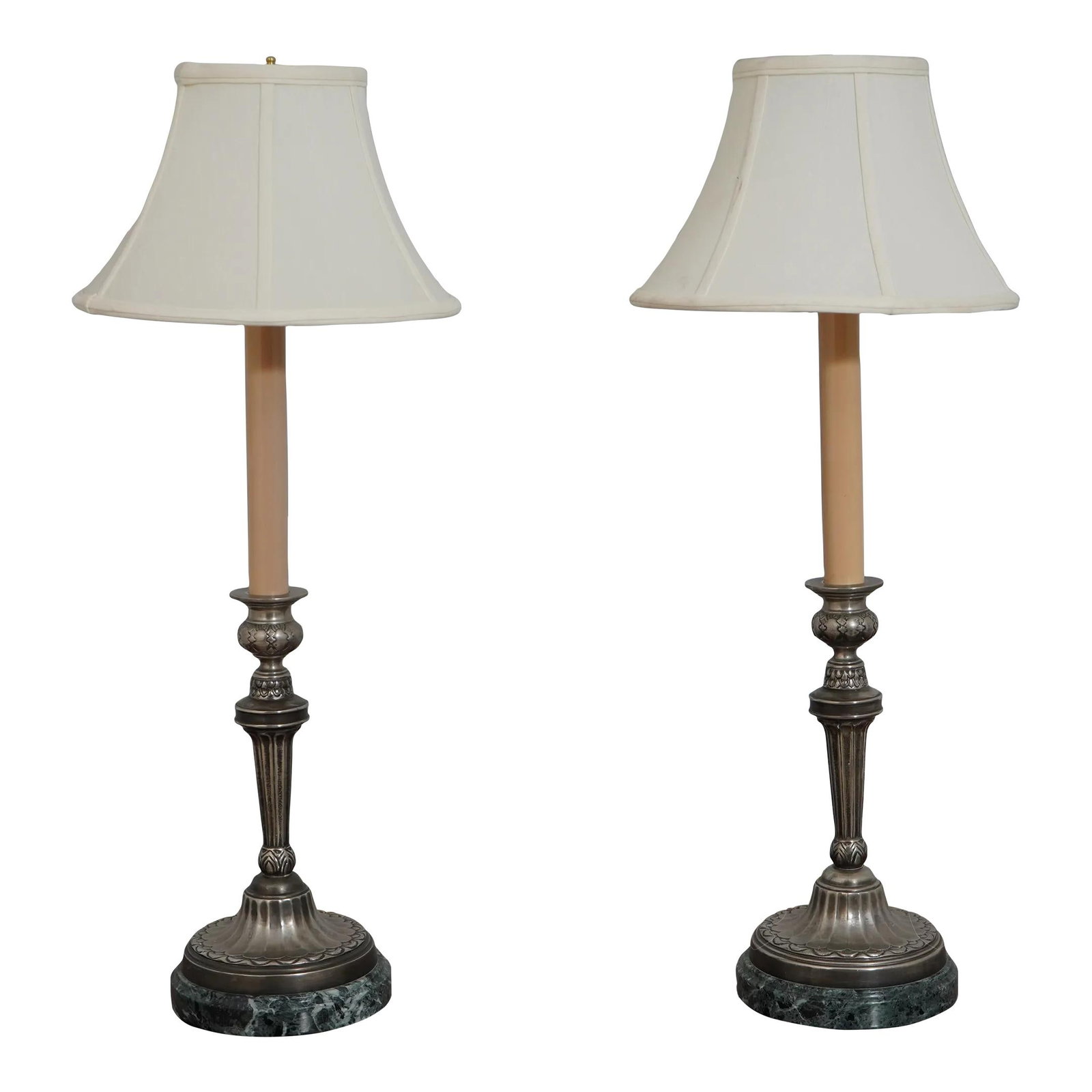 Elegant Sarreid Bronze Silver Finish Candlestick Lamps Pair: Elegant Sarreid Bronze Silver Finish Candlestick Lamps Pair Elevate your home decor with this exquisite pair of Sarreid candlestick lamps, featuring a stunning silver finish and high-quality construct