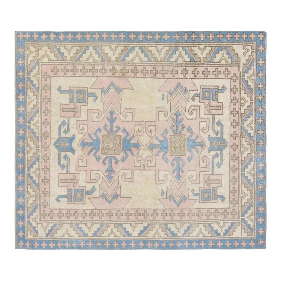 Handmade Wool Anatolian Rug in Tan 4'5" x 5' Turkish Vintage: Handmade Wool Anatolian Rug in Tan 4'5" x 5' Turkish Vintage This vintage Turkish Anatolian rug is hand-knotted from wool using traditional techniques, offering a blend of timeless craftsmanship and m
