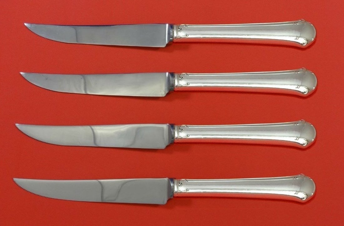 Towle Chippendale Sterling Silver Steak Knife Set 4pc Custom 8.5": Towle Chippendale Sterling Silver Steak Knife Set 4pc Custom 8.5" This exquisite 4-piece steak knife set features the iconic Chippendale pattern by Towle, crafted from sterling silver. Each knife boas