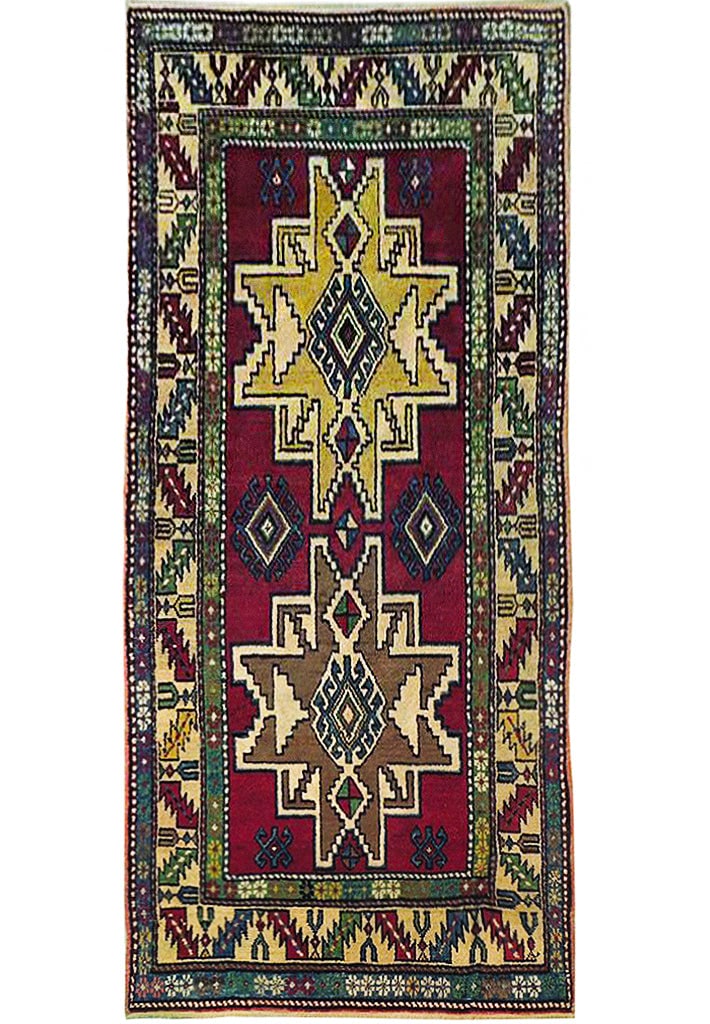 3'9" x 8' Berry Red Semi-Antique Russian Kazak Runner Handwoven Wool Rug: 3'9" x 8' Berry Red Semi-Antique Russian Kazak Runner Handwoven Wool Rug Free continental US Shipping Introducing a stunning 3.9 x 8 Berry Red Semi-Antique Russian Kazak Runner, a perfect fusion of tr