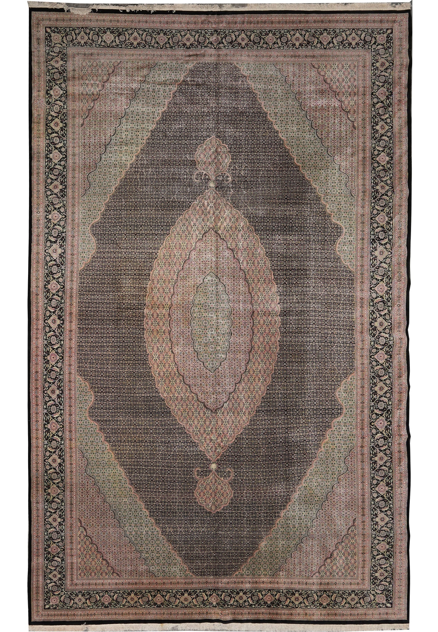 12.5 x 19 Hand-Knotted Wool Tabriz Mahi Rug Black: 12.5 x 19 Hand-Knotted Wool Tabriz Mahi Rug Black Free continental US Shipping This hand-knotted Tabriz Mahi rug measures 12.5 x 19 and features a black color designation in the title. It is described