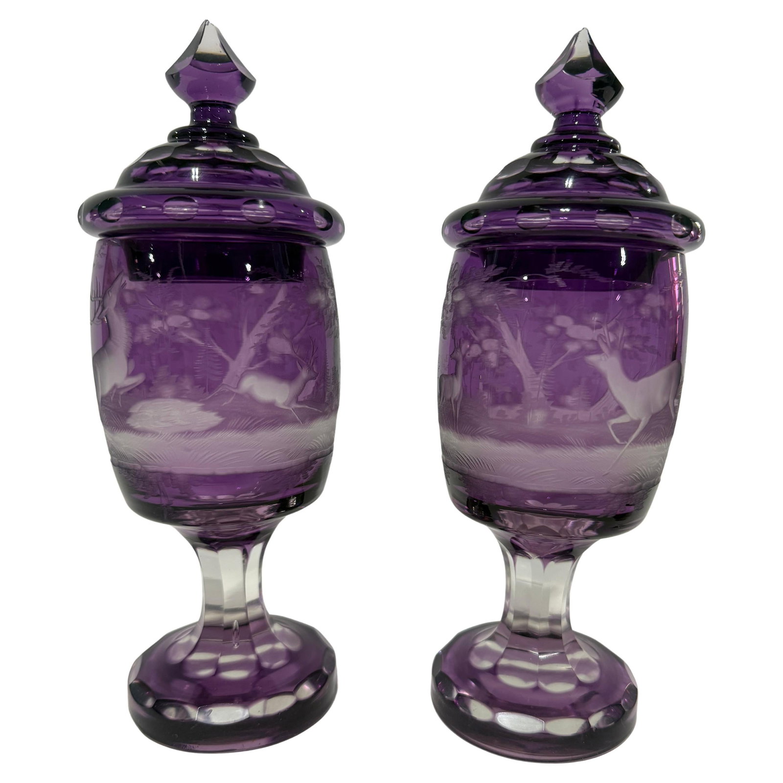 Set of 2 Bohemian Amethyst Glass Engraved Covered Beakers 19th Century (1 of 8)
