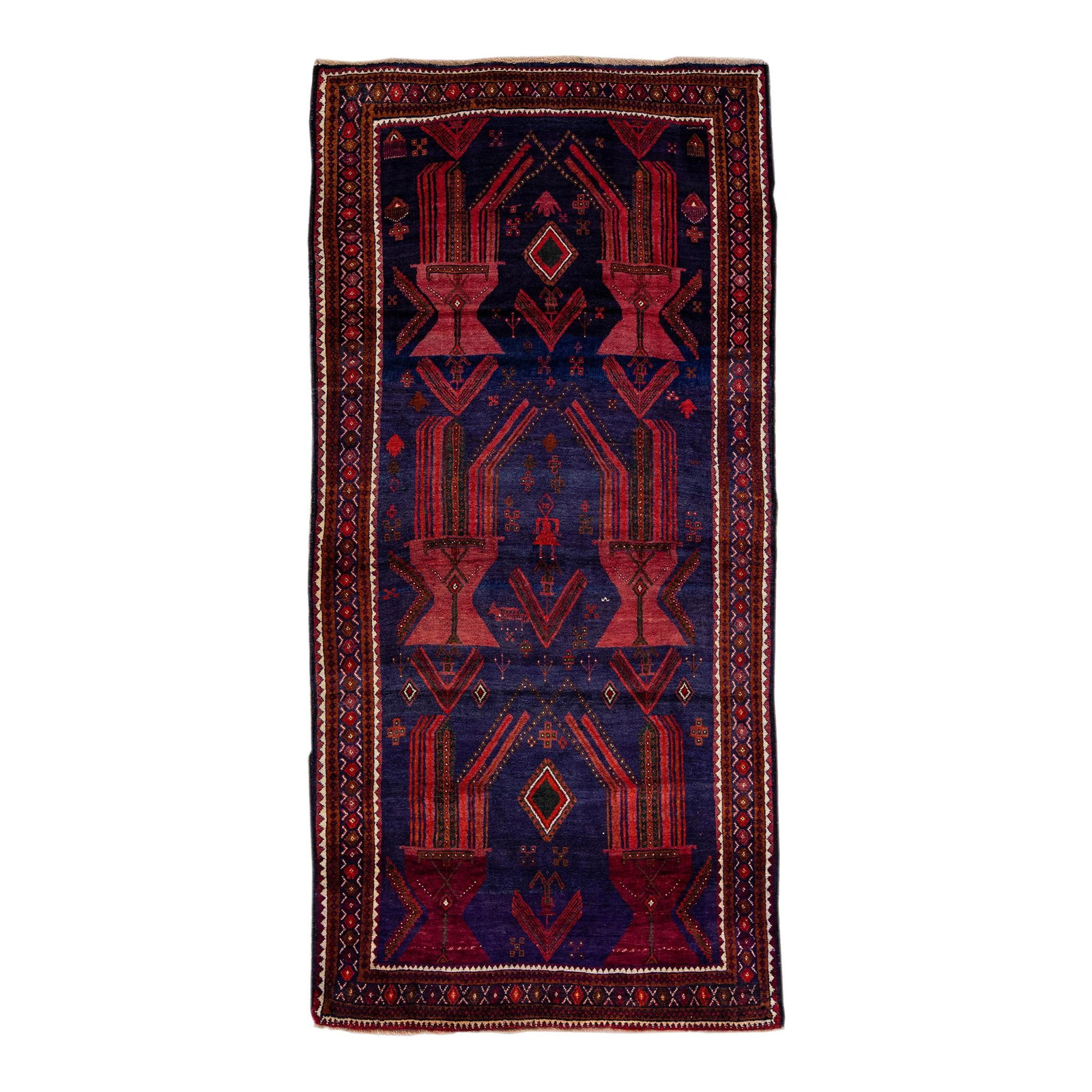 Vintage Persian Hand-Knotted Wool Rug Blue Geometric 4'2" X 8'9": Vintage Persian Hand-Knotted Wool Rug Blue Geometric 4'2" X 8'9" Explore this beautiful vintage Persian hand-knotted wool rug, featuring a stunning blue field adorned with multicolor geometric designs