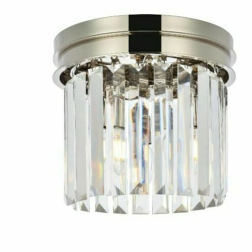 Sydney 12 in Crystal Flush Mount Ceiling Light Polished Nickel: Sydney 12 in Crystal Flush Mount Ceiling Light Polished Nickel This contemporary crystal flush mount chandelier features clear Royal Cut crystals and a polished nickel frame. It is a 3-light indoor fi