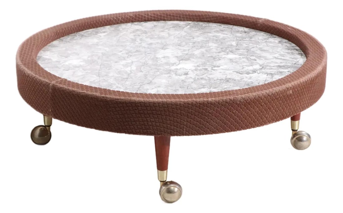Faux Marble Formica Coffee Table With Upholstered Brown Frieze Rim 1950s: Faux Marble Formica Coffee Table With Upholstered Brown Frieze Rim 1950s This unusual mid-century 1950s coffee table features a faux marble Formica top surrounded by a brown frieze fabric upholstered 