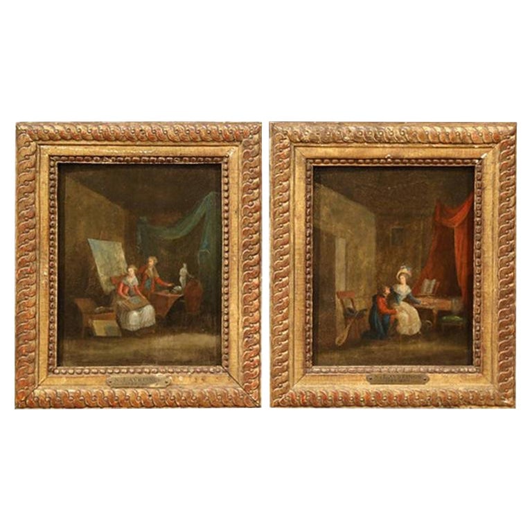 Set of 2 French Giltwood Framed Genre Paintings circa 1770: Set of 2 French Giltwood Framed Genre Paintings circa 1770 This pair of mid-18th century French genre paintings, attributed to Niklas Lavreince, features charming interior scenes that reflect the arti