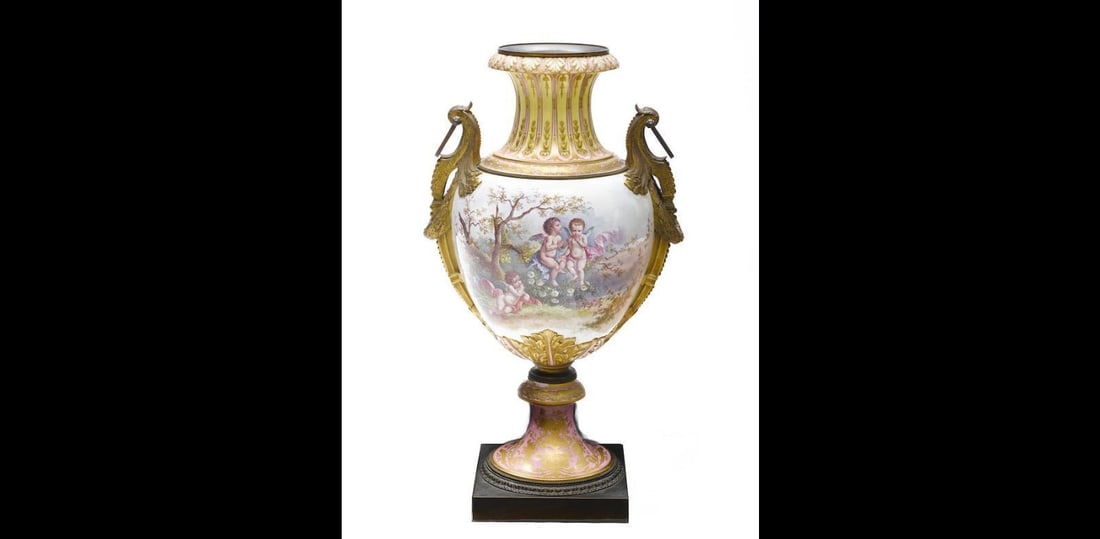 Sevres Style Gilt Bronze Mounted Earthenware Vase Signed A Maglin: Sevres Style Gilt Bronze Mounted Earthenware Vase Signed A Maglin This is a large Sevres style table vase from the late 19th century, crafted in France. The vase features multi-color earthenware and i