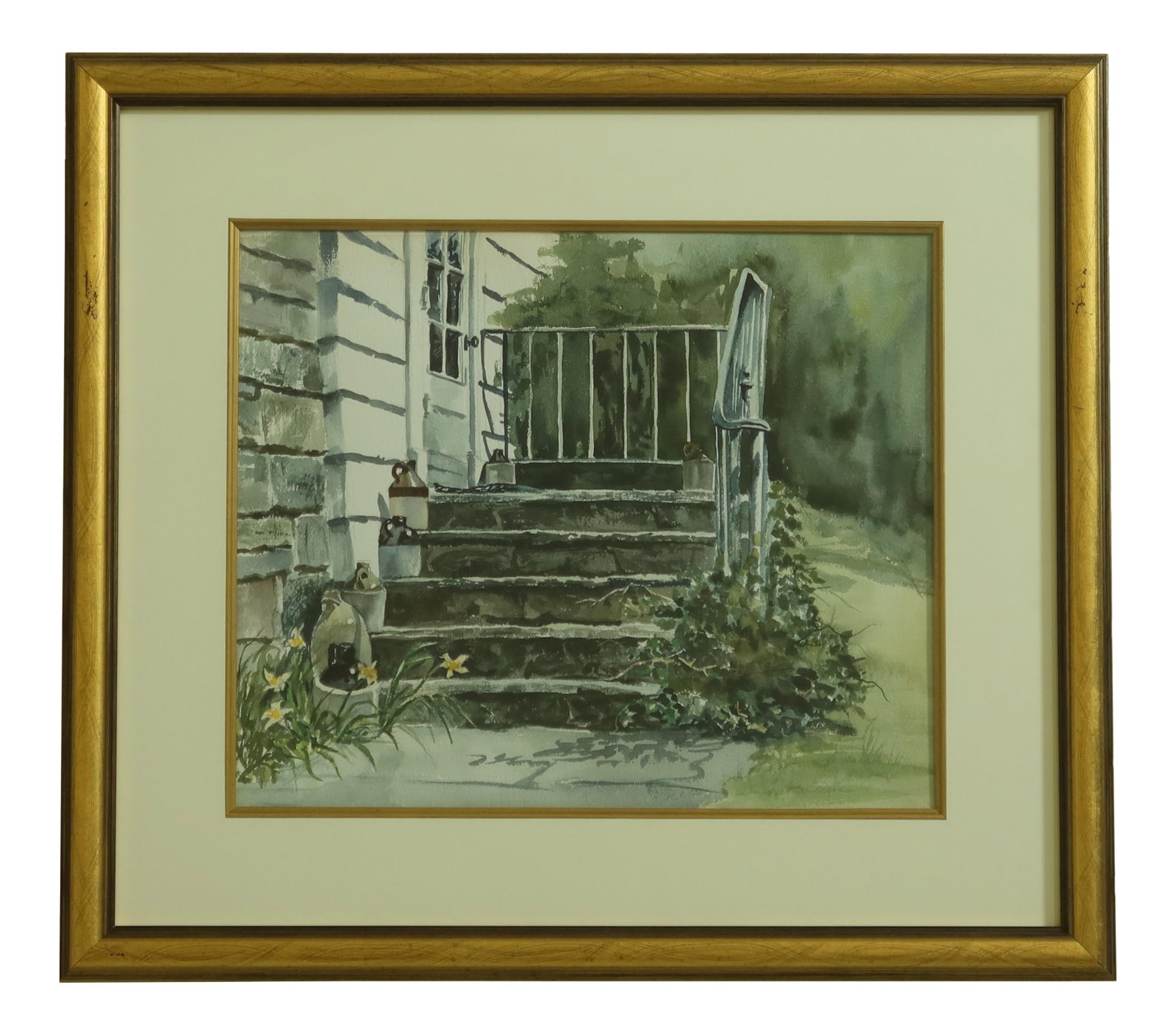 Artist Signed Watercolor Steps in Gold Frame 24.5 x 22: Artist Signed Watercolor Steps in Gold Frame 24.5 x 22 This stunning watercolor artwork, approximately 30 years old, showcases a beautifully executed scene that is artist signed. It is professionally 