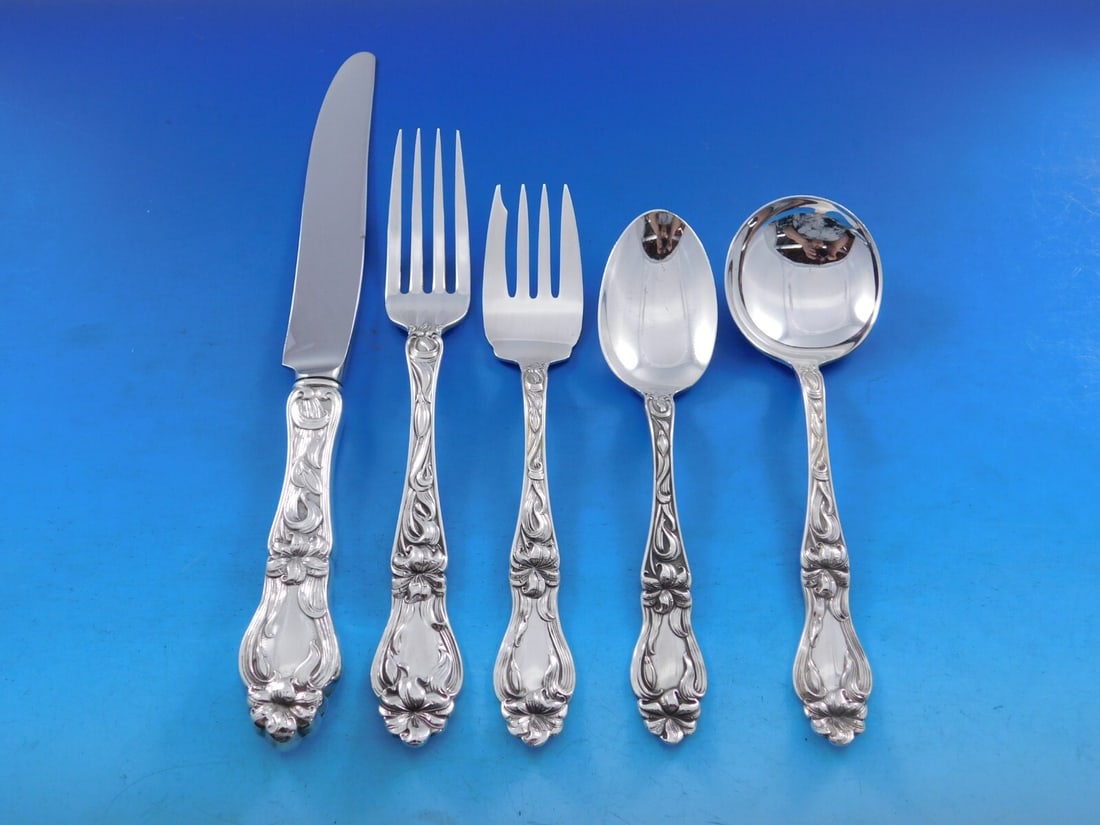 40 Piece Sterling Flatware Set for 8 Frank M Whiting Lily Pattern: 40 Piece Sterling Flatware Set for 8 Frank M Whiting Lily Pattern A 40-piece sterling silver flatware set in the Lily pattern by Frank M. Whiting, presented in an Art Nouveau style and made in the Uni