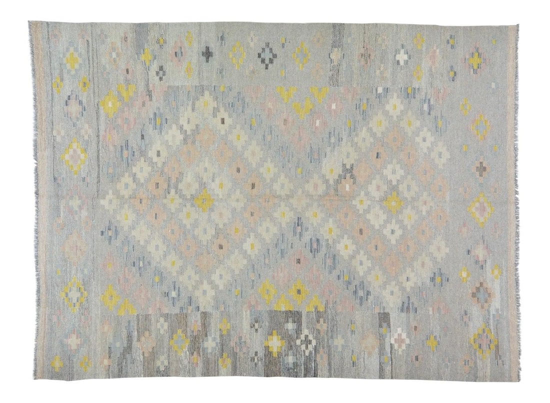 Vintage Maimana Tribal Kilim Rug in Organic Wool with Geometric Design 5'9 x 8'6: Vintage Maimana Tribal Kilim Rug in Organic Wool with Geometric Design 5'9 x 8'6 This vintage Afghan Maimana tribal kilim features a hand-woven geometric pattern crafted from organic wool and natural 