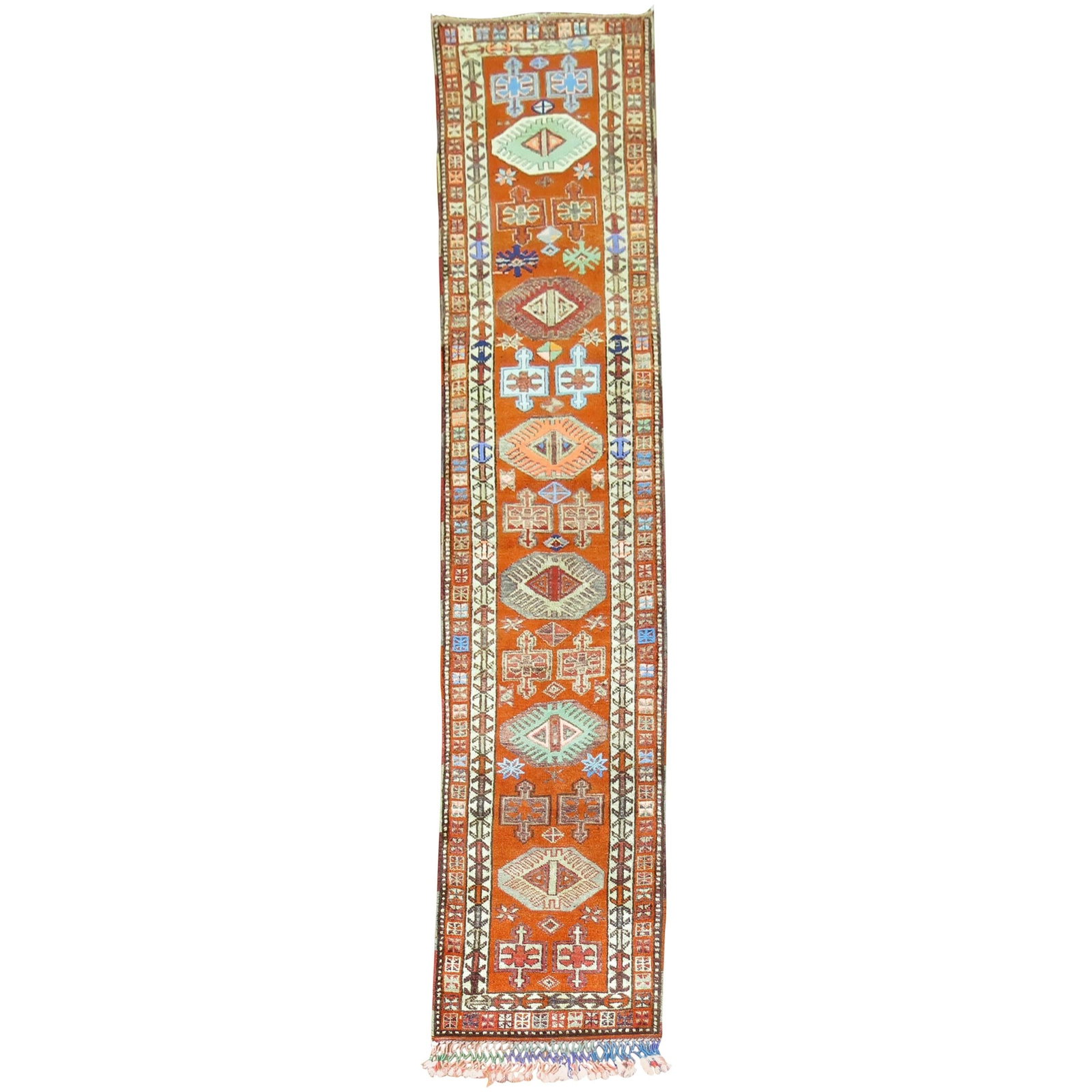 Vintage Bohemian Wool Hand Woven Turkish Runner 33 in x 150 in: Vintage Bohemian Wool Hand Woven Turkish Runner 33 in x 150 in This vintage Turkish Anatolian runner features a vibrant bohemian design and is hand-woven from wool. Originating from Turkey and dating 