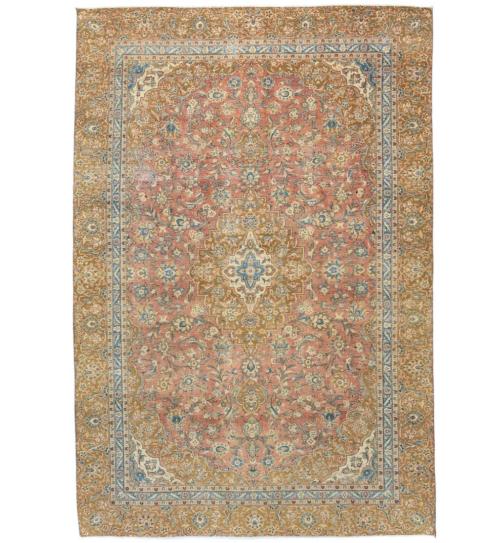 Vintage 8'5 x 12'6 Hand-Knotted Wool Oriental Rug: Vintage 8'5 x 12'6 Hand-Knotted Wool Oriental Rug Discover the charm of this semi-antique stone-washed Oriental rug, featuring a beautiful blend of muted colors, including peach, cream, brown, and lig