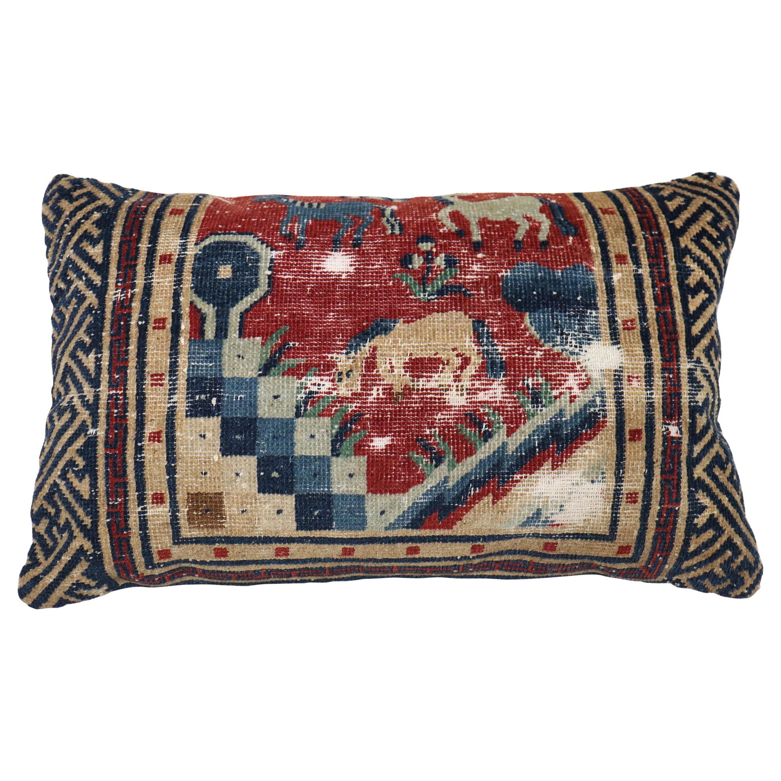 Tibetan Animal Motif Folk Art Lumbar Pillow 16 x 26: Tibetan Animal Motif Folk Art Lumbar Pillow 16 x 26 This striking large lumbar pillow showcases an animal motif inspired by a mid-19th century Tibetan rug, featuring a vibrant color palette of red, bl