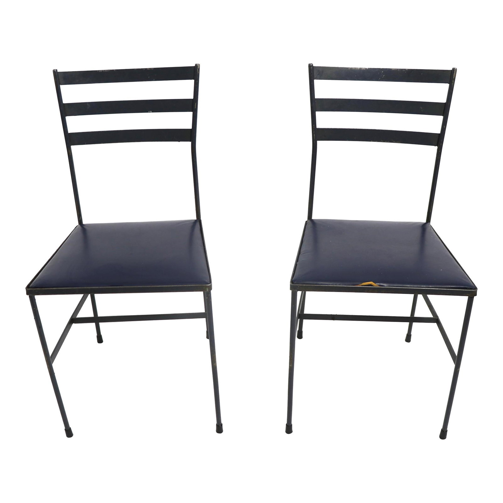 Mid Century Wrought Iron Side Chairs Pair in McCobb Nelson Style: Mid Century Wrought Iron Side Chairs Pair in McCobb Nelson Style This elegant pair of mid-century wrought iron side chairs features a design reminiscent of the styles of McCobb, Nelson, and Arbuck. Th