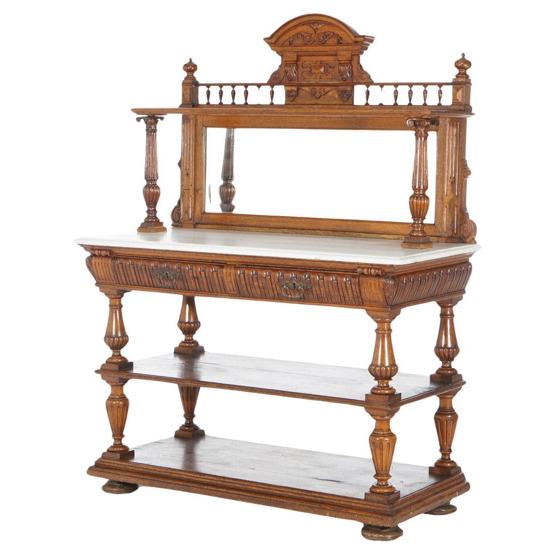 Antique Oak Marble Top Server C1900 with Mirrored Back & Carved Crest: Antique Oak Marble Top Server C1900 with Mirrored Back & Carved Crest This exquisite Antique Oak Marble Top Server, dating back to circa 1900, showcases a stunning design with a mirrored back splash, 