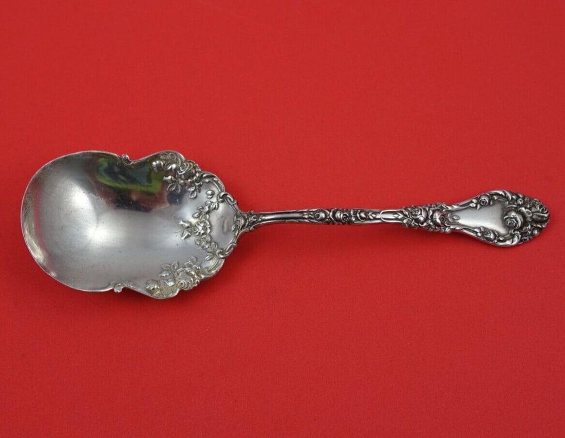 Durgin Marechal Niel Sterling Silver Preserve Spoon 7.5 Inch Heirloom: Durgin Marechal Niel Sterling Silver Preserve Spoon 7.5 Inch Heirloom This exquisite preserve spoon features the elegant Marechal Niel pattern by Durgin, crafted from high-quality sterling silver. Mea