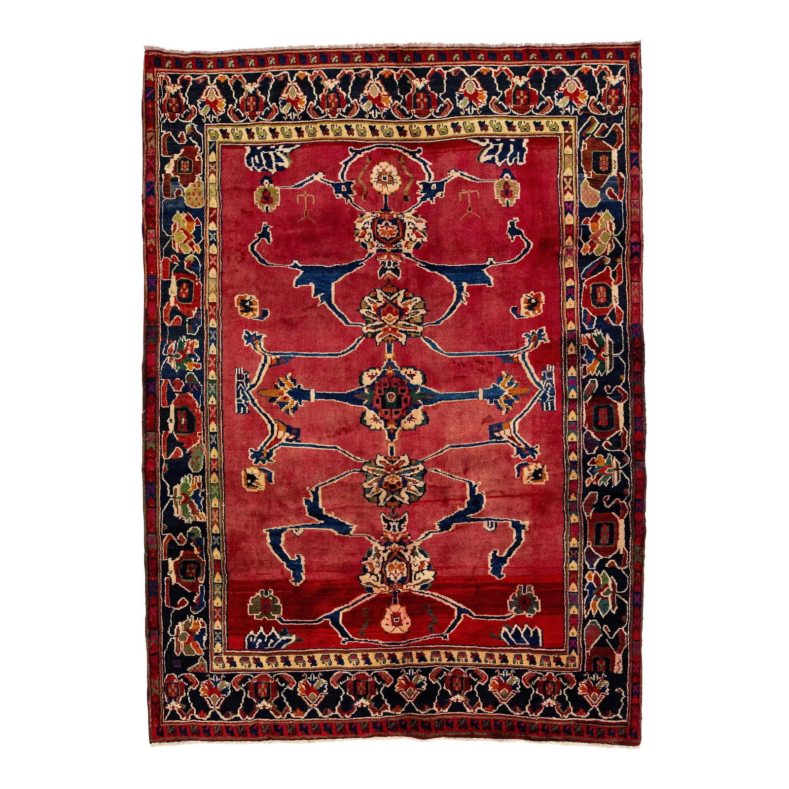 1960s Vintage Persian Mahal Hand-Knotted Wool Rug Red 7' x 9'7: 1960s Vintage Persian Mahal Hand-Knotted Wool Rug Red 7' x 9'7 This exquisite 1960s Vintage Persian Mahal rug features a stunning hand-knotted design, showcasing a vibrant red field adorned with multi