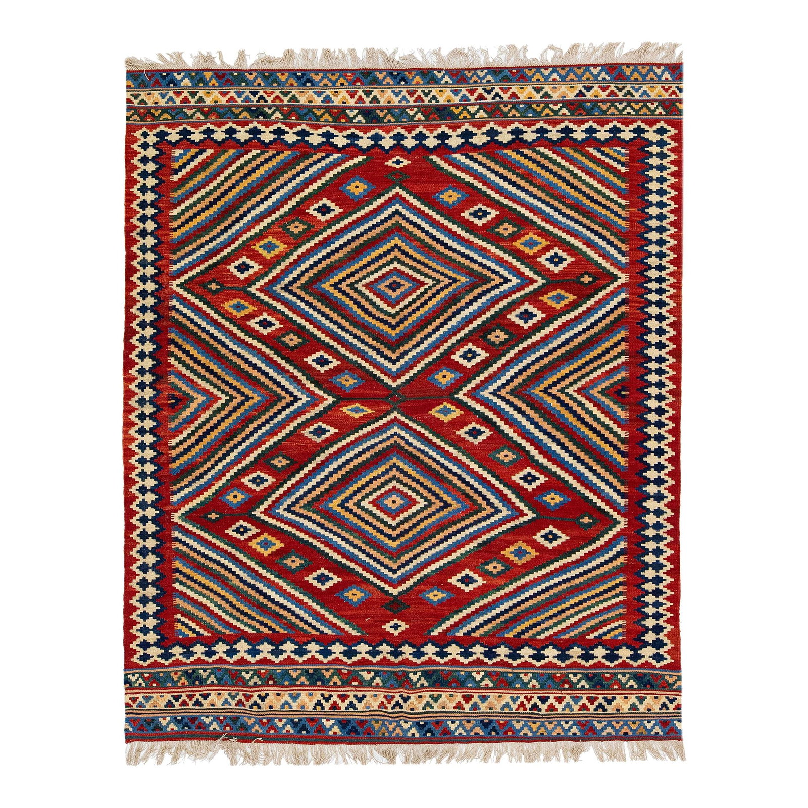 Vintage 1960s Handmade Red Geometric Wool Kilim Rug 5'7 x 6'8: Vintage 1960s Handmade Red Geometric Wool Kilim Rug 5'7 x 6'8 Enhance your space with this exquisite vintage Kilim handmade wool rug, featuring a striking red field adorned with multicolor geometric a