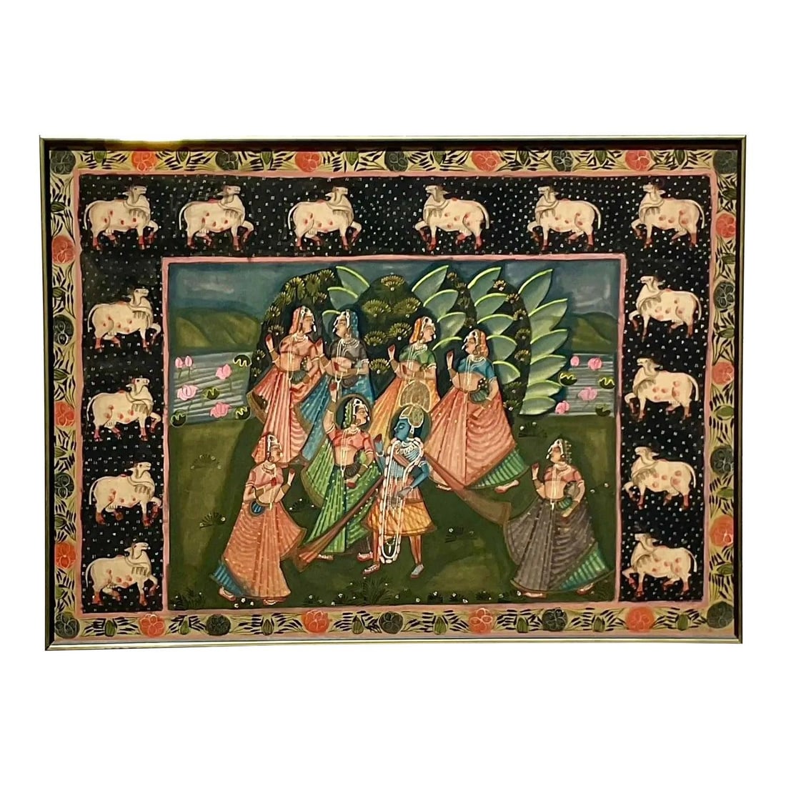 Vintage Indian Pichwaa Silk Painting Boho Art 48.25 x 36.25: Vintage Indian Pichwaa Silk Painting Boho Art 48.25 x 36.25 Introducing a stunning vintage Indian Pichwaa painting on silk that showcases a chic, storied design in deep, rich colors. This exquisite ar