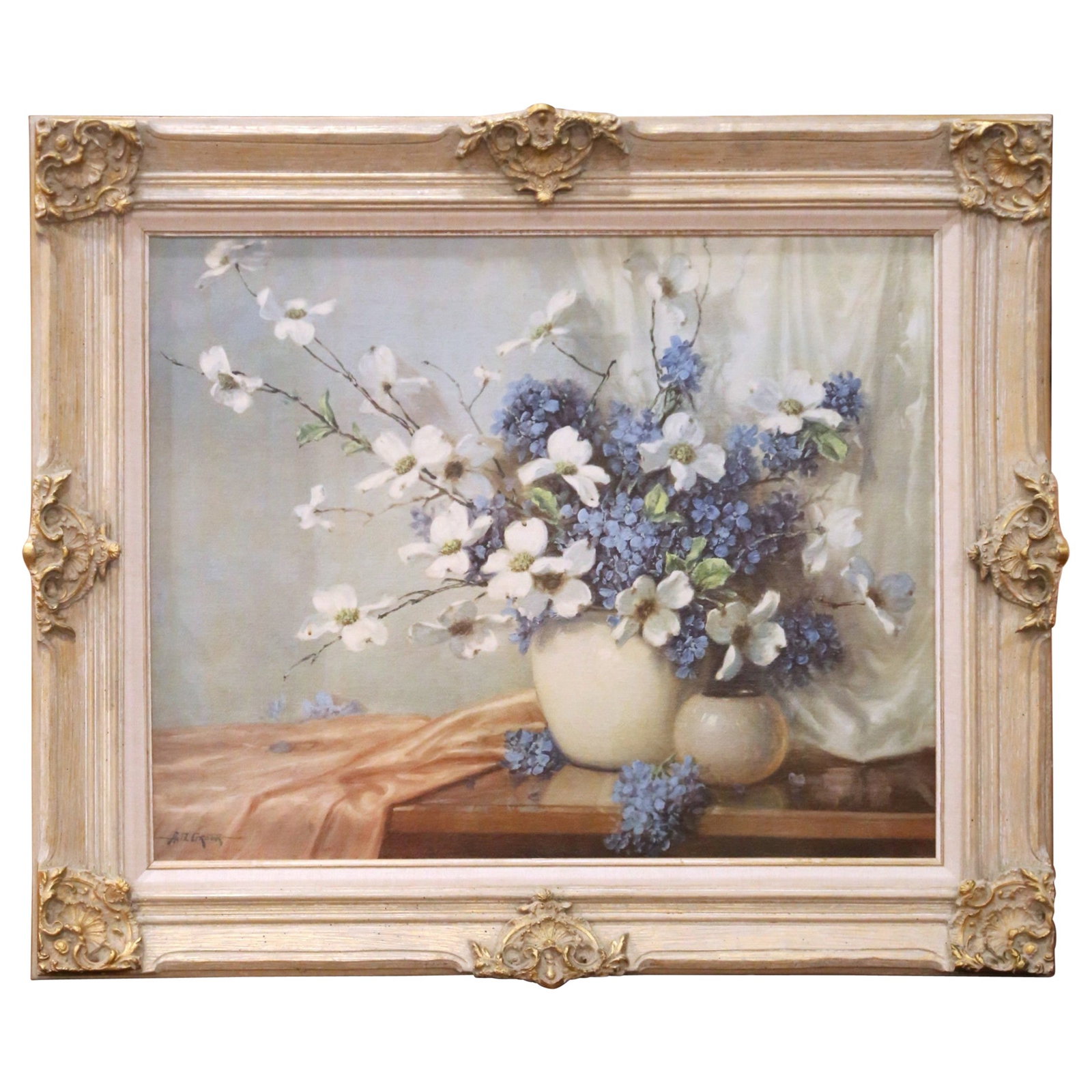 A. D. Greer Floral Still Life Giclee Framed Canvas 39W x 33H: A. D. Greer Floral Still Life Giclee Framed Canvas 39W x 33H A floral still life giclee by A. D. Greer depicting white dogwood blossoms and blue hydrangeas in ceramic vessels on a polished tabletop, w