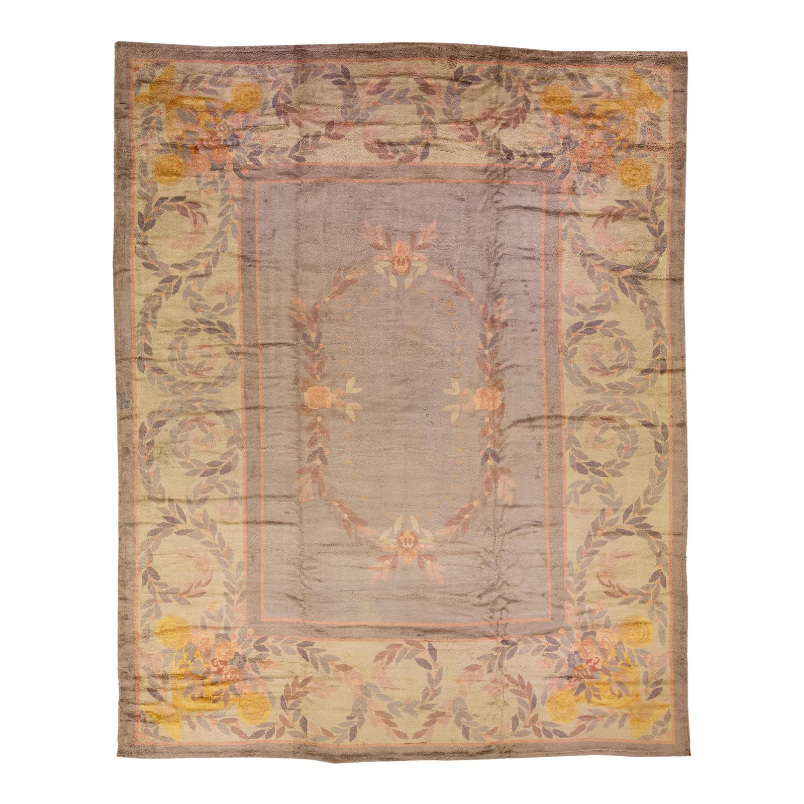 Vintage English Donegal Hand-Knotted Gray Wool Rug 14'9 x 18'8: Vintage English Donegal Hand-Knotted Gray Wool Rug 14'9 x 18'8 This exquisite vintage English Donegal handmade wool rug features a stunning gray color field complemented by a tan-designed frame. The r