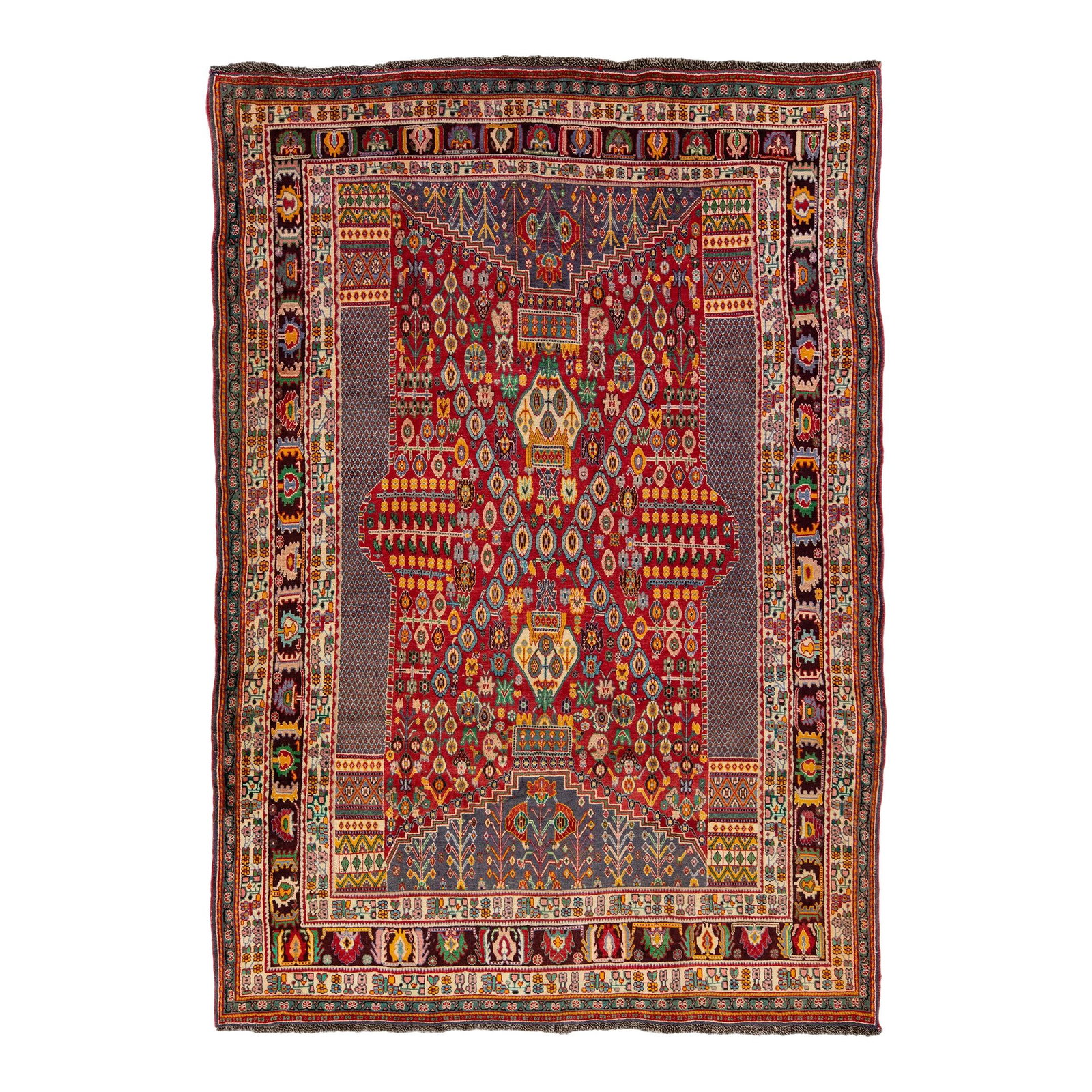 Vintage Handmade Shiraz Geometric Wool Rug Red 6'8" x 9'9": Vintage Handmade Shiraz Geometric Wool Rug Red 6'8" x 9'9" Enhance your space with this stunning Vintage Handmade Shiraz Wool Rug. Featuring a vibrant red field adorned with multicolored geometric pat