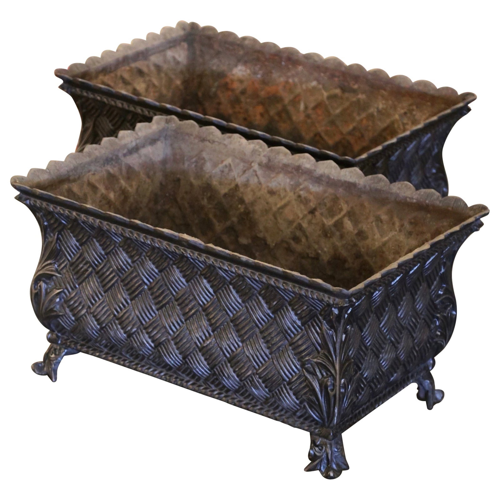 Set of 2 French Iron Jardinieres Basket Weave Louis XV: Set of 2 French Iron Jardinieres Basket Weave Louis XV This elegant pair of 19th-century French jardinieres is crafted from hand-worked polished iron, featuring a distinctive basket weave motif that m